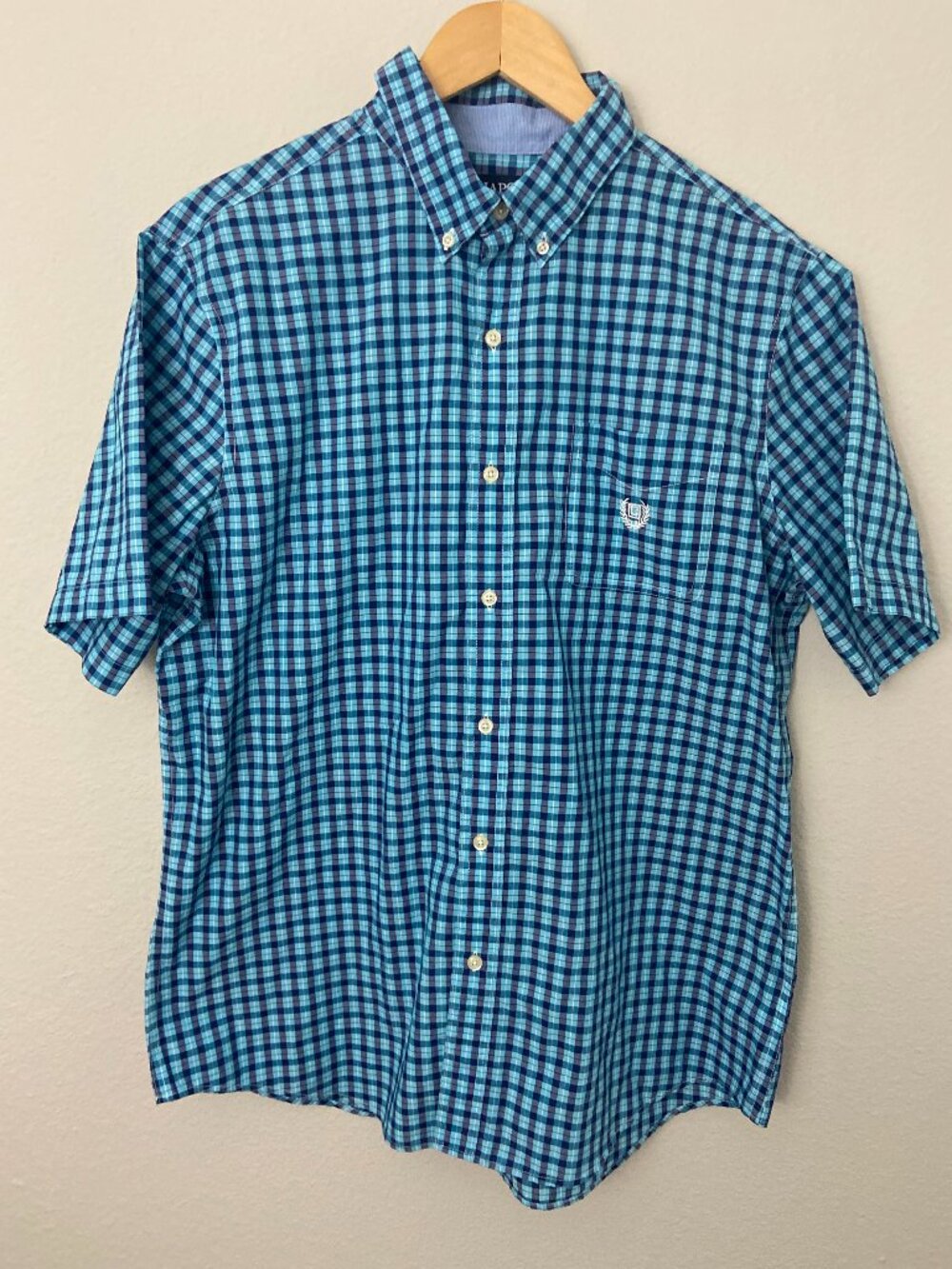 Chaps Mens Plaid Button Down Short Sleeve Casual Shirt Sz L Blue